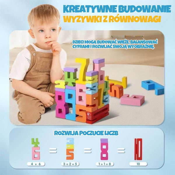 Chłopiec bawi się kolorowymi klockami w kształcie cyfr, budując wieżę matematyczną.