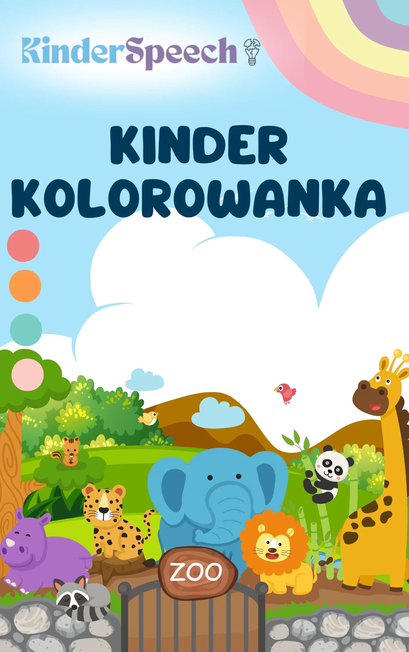 Kolorowanka edukacyjna dla dzieci z motywem zoo, zwierzęta jak słoń, lew, panda i żyrafa.