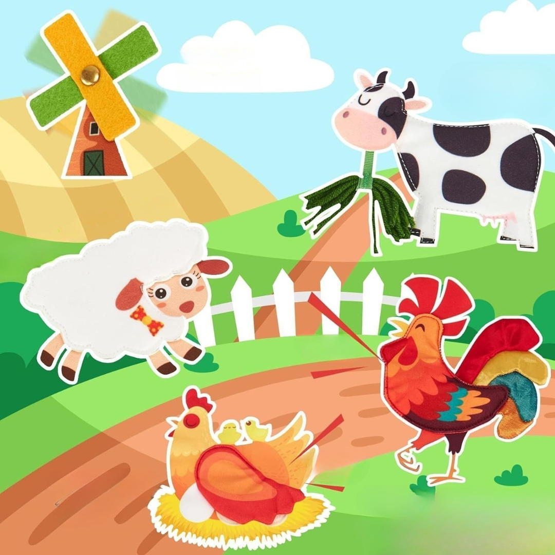 Kolorowe ilustracje zwierząt gospodarskich: krowa, owca, kura, kogut na tle farmy z wiatrakiem.