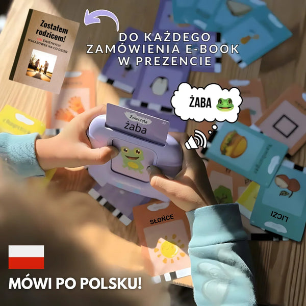 Dziecko uczy się słówek po polsku z montessoriańskimi kartami do nauki wymowy i obrazkami.
