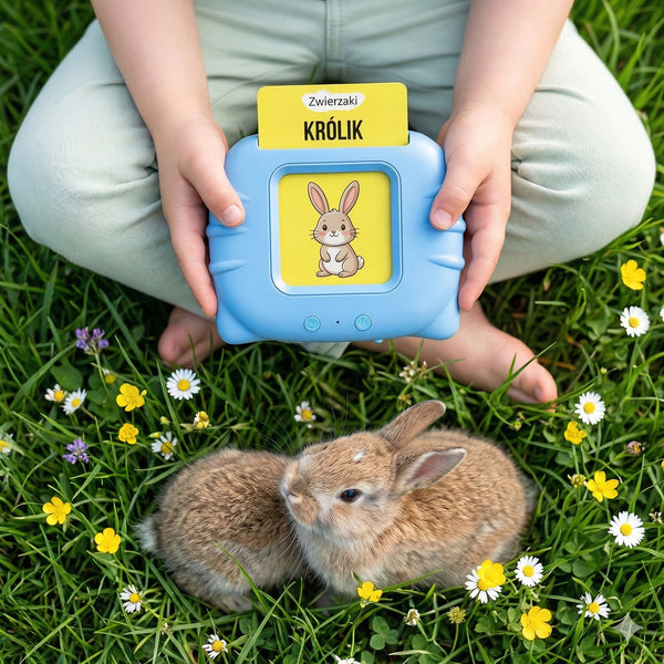Dziecko trzyma kartę edukacyjną z rysunkiem królika, obok dwa małe króliki na trawie
