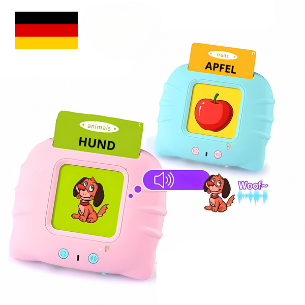 Edukacyjne urządzenia do nauki niemieckich słów dla dzieci, karty z rysunkiem psa i jabłka.