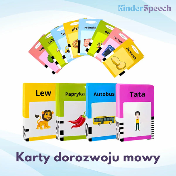 Kolorowe karty obrazkowe do nauki mowy dla dzieci, ilustracje przedmiotów i zwierząt.